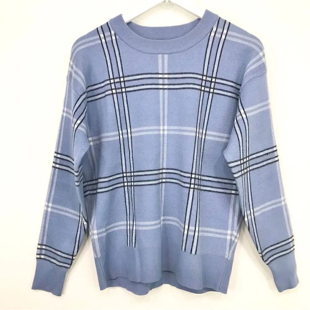 Tahari Light Blue Black Plaid Long Sleeve Crew Neck Tight Knit Winter Sweater